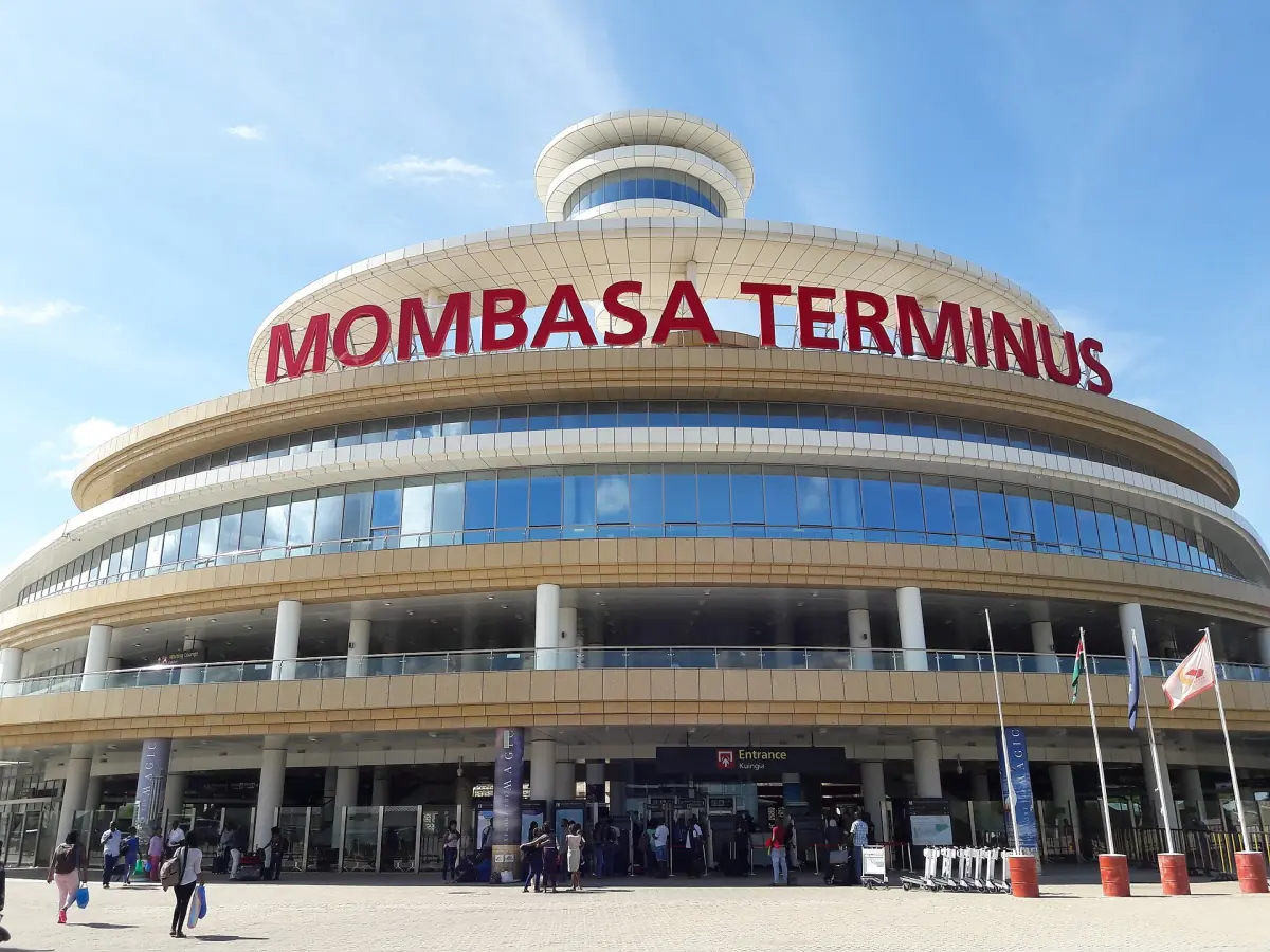 Round Mombasa Terminus station building of the Madaraka Express under blue sky